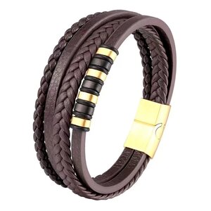 Herrenarmband Braun 4-Riemen Leder mit Edelstahl-Akzenten | Inklusive Verlängerung
