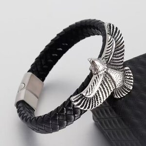 Herren Adler Armband Schwarzes Leder mit Edelstahl Akzenten Inkl. Verlängerung