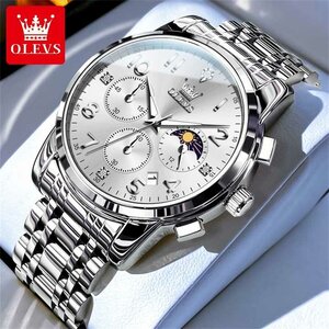 OLEVS-Chronografie-Quarzuhr aus Edelstahl, Stunden- und Minutenanzeige sowie Mondphasenanzeige und Tageskalender, 4 Versionen