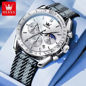 Olevs-Uhr aus Edelstahl, gewebtes Nylonarmband, Chronograph, Tachymeter, Sekunden und Minuten sowie Stunden-/Mondphasenanzeige, 3 Versionen