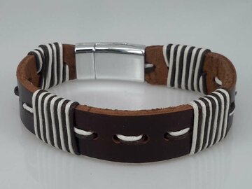 Lederband braun, genäht braunweiß, 4 Querdraht , Magnetverschluss