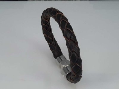 Leren armband zwart/bruin, rond gevlochten, magneetsluiting