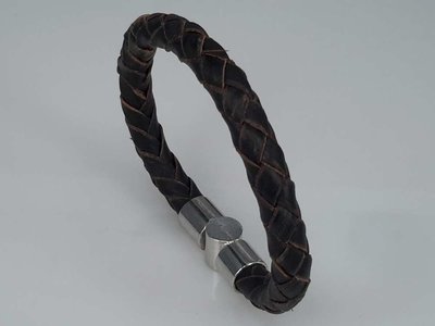 Leren armband zwart/bruin, rond gevlochten, magneetsluiting